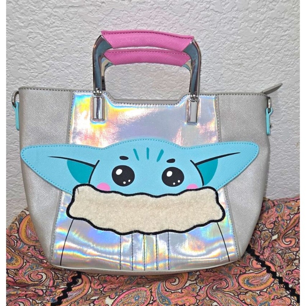 Star Wars Grogu Metallic Holographic Silver Satchel Top Handle Zip w/ Strap nwot
